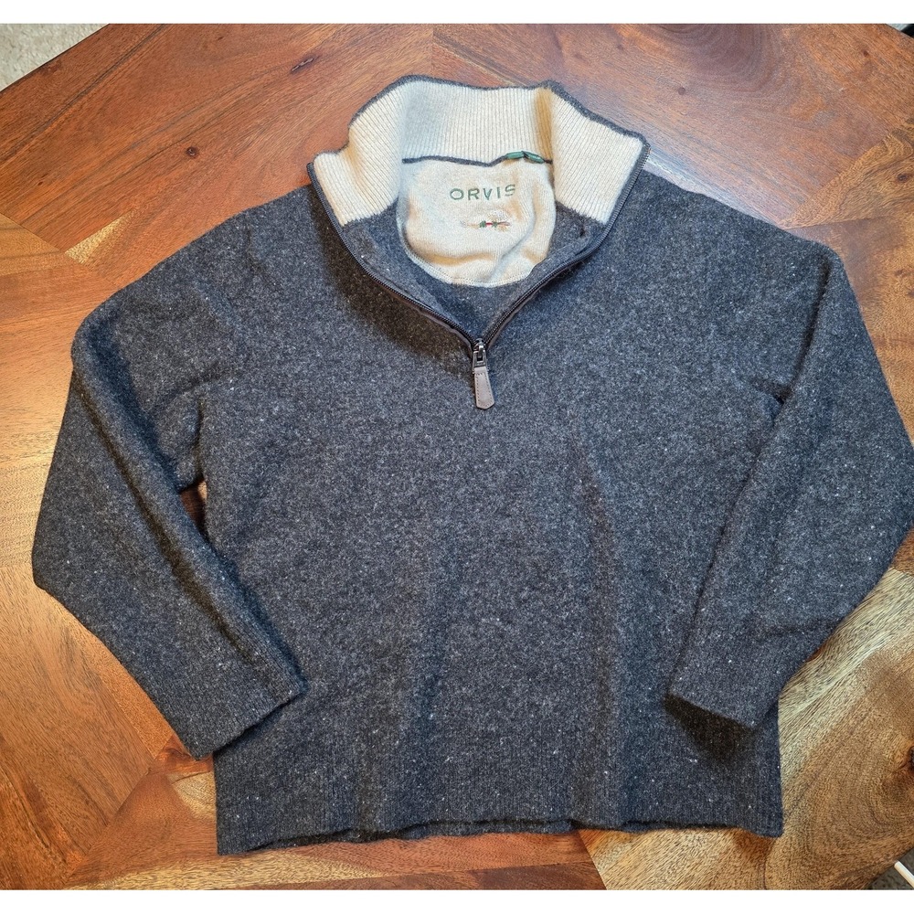 Orvis Sweater Boy's Large Gray Wool Half Zip Pullover Outdoors Fishing Logo Warm